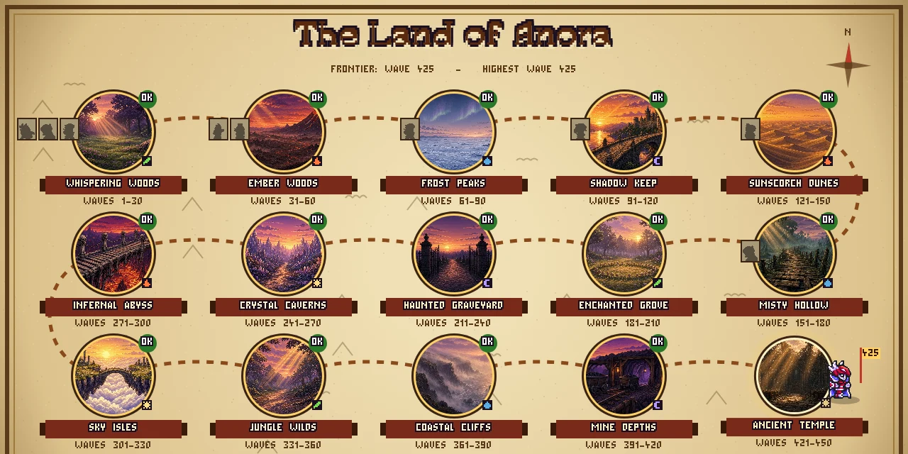 The world map of Anora: fifteen lands along a winding road.